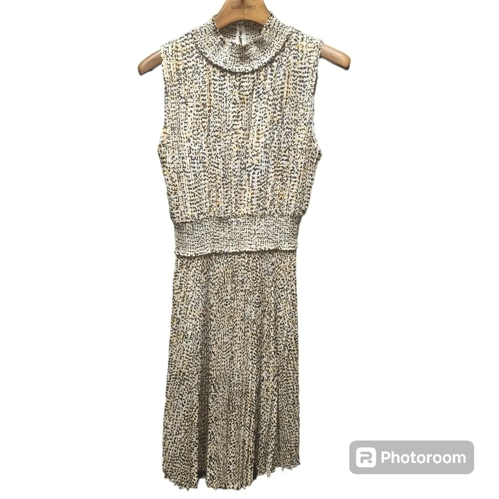 Nanette Lepore Animal Print Smocked Neck And Waist Pleated MidiDress Sz. 12